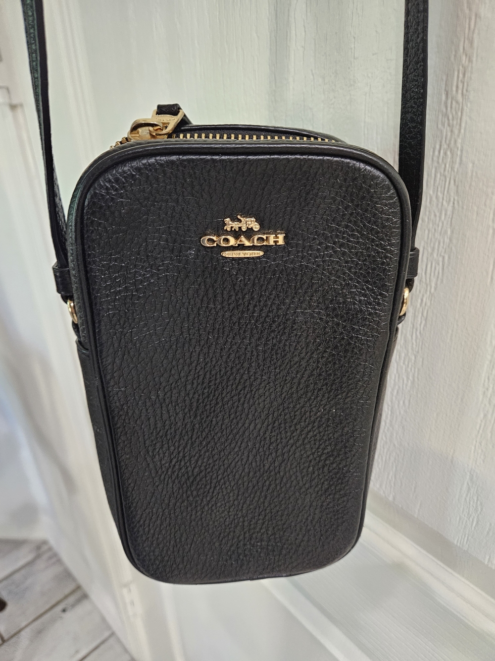 COACH Pebbled Leather Crossbody Phone Bag in Black